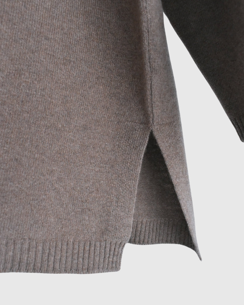 12GG Plain Stitch Drop Shoulder Polo Neck with Slit in Mocha