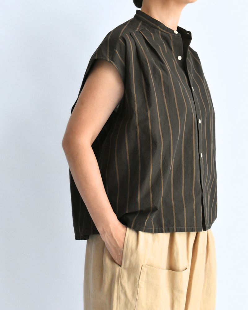SMILE-W French sleeve blouse with scarf in BrownStripe
