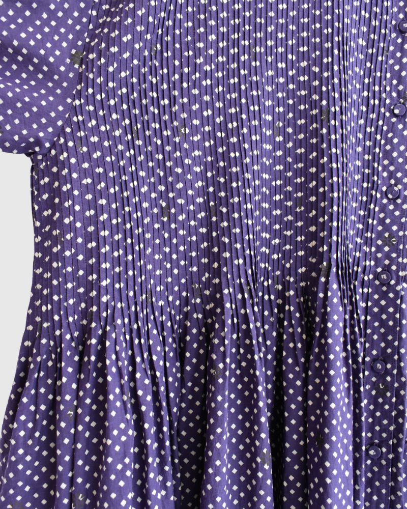 Crew Neck Button Shirts Dress with Mini Pintuck in Purple