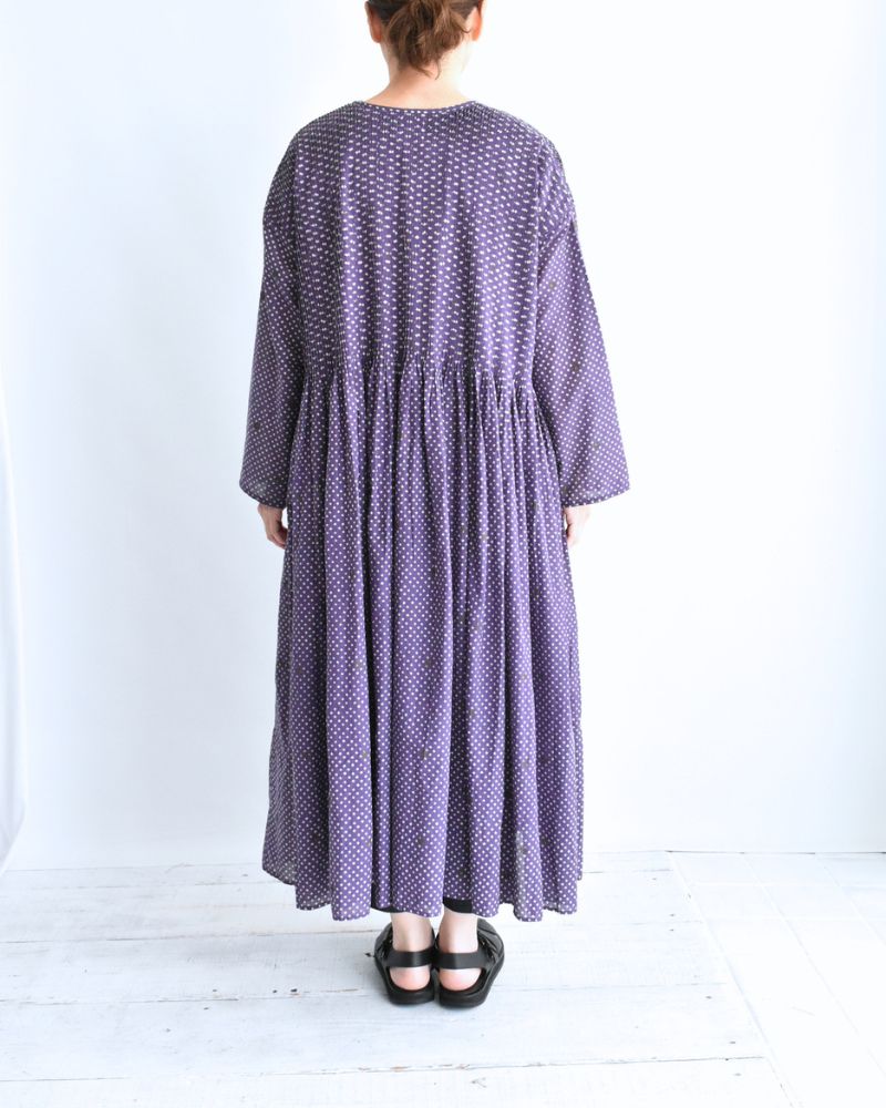 Crew Neck Button Shirts Dress with Mini Pintuck in Purple