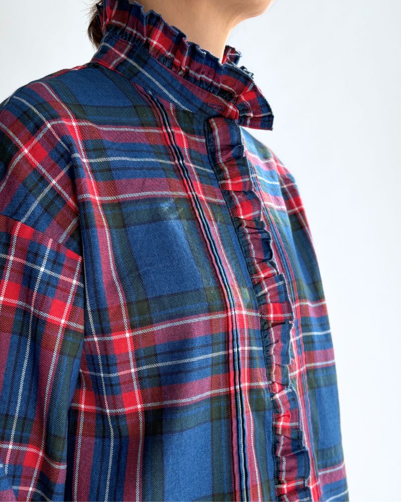Indigo Tartan Frill Blouse in Blue