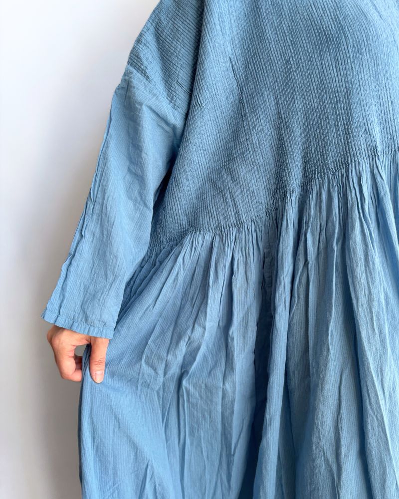 80s ORGANIC STRIPE(OVERDYE) MINI PINTUCK PULLOVER DRESS in LightBlue