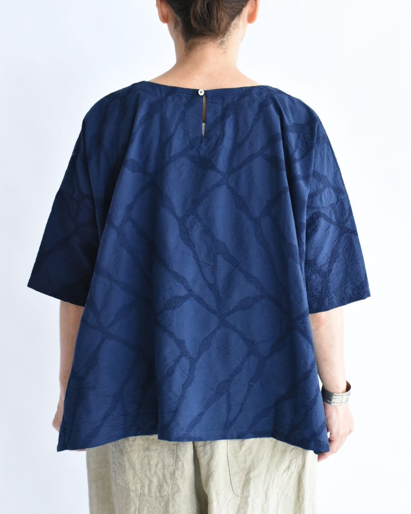 Panel Pullover Blouse (Embroidered) in Navy