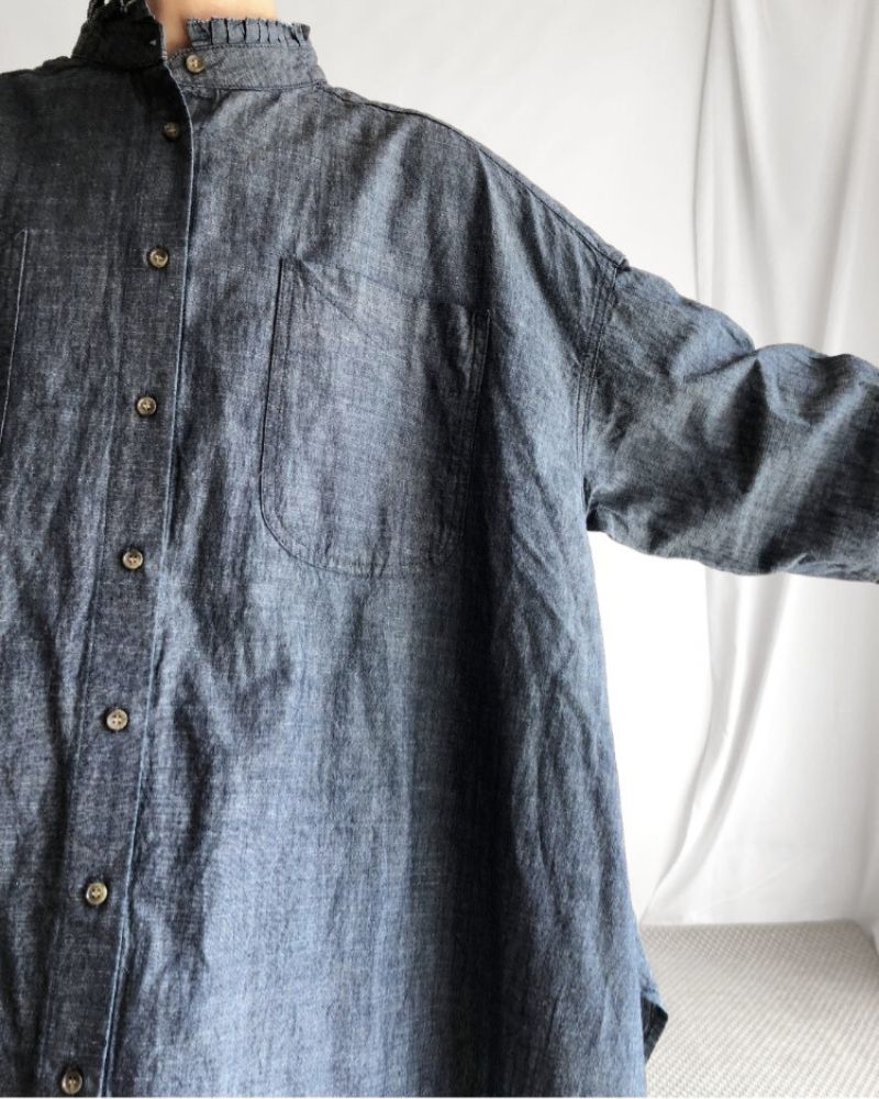 5oz Cotton Linen Slub Denim Long Shirt in Indigo