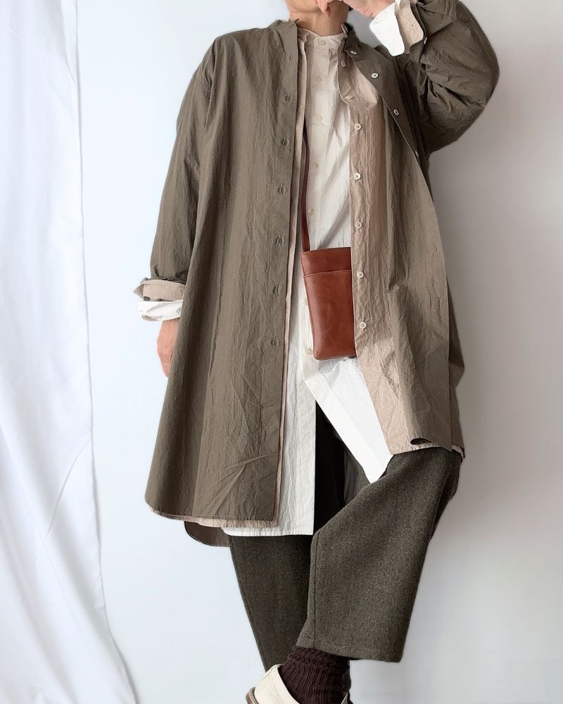 Band Collar Long Shirt in Khaki