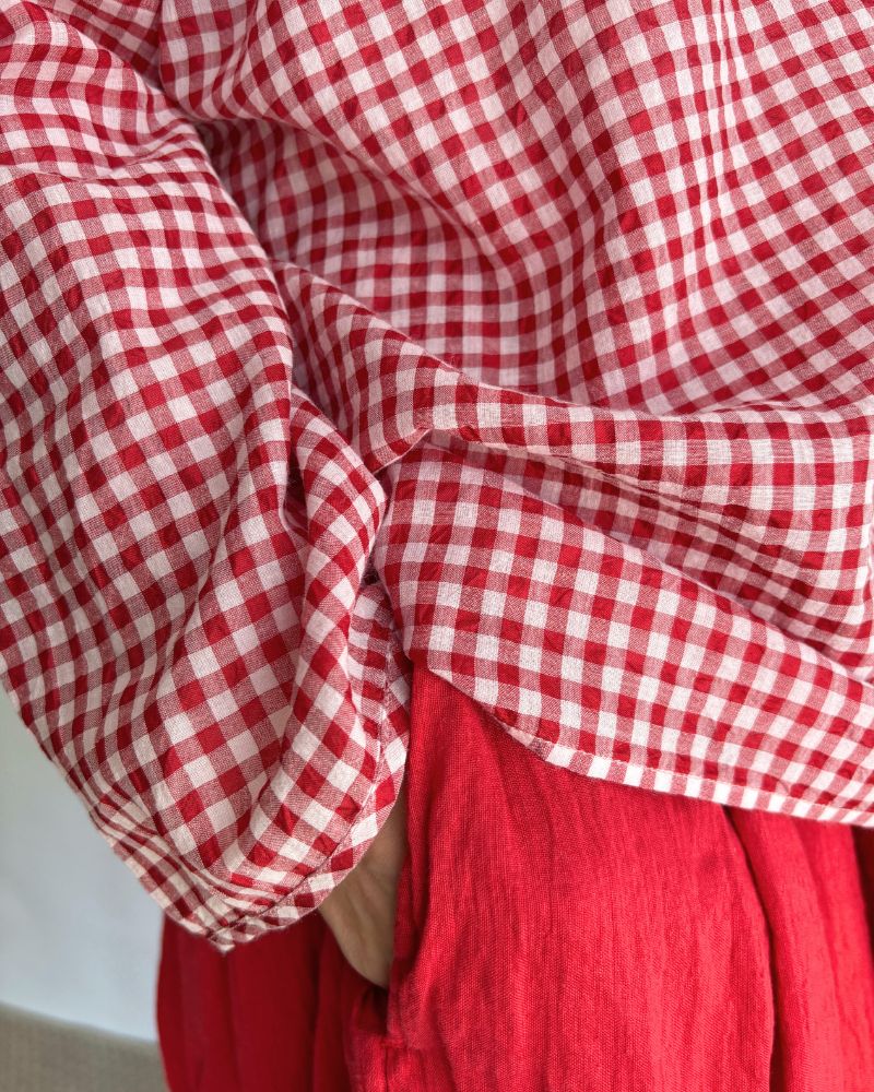 HANDWOVEN COTTON/SILK GINGHAM CHECK DROP SHOULDER SMOCK in Red