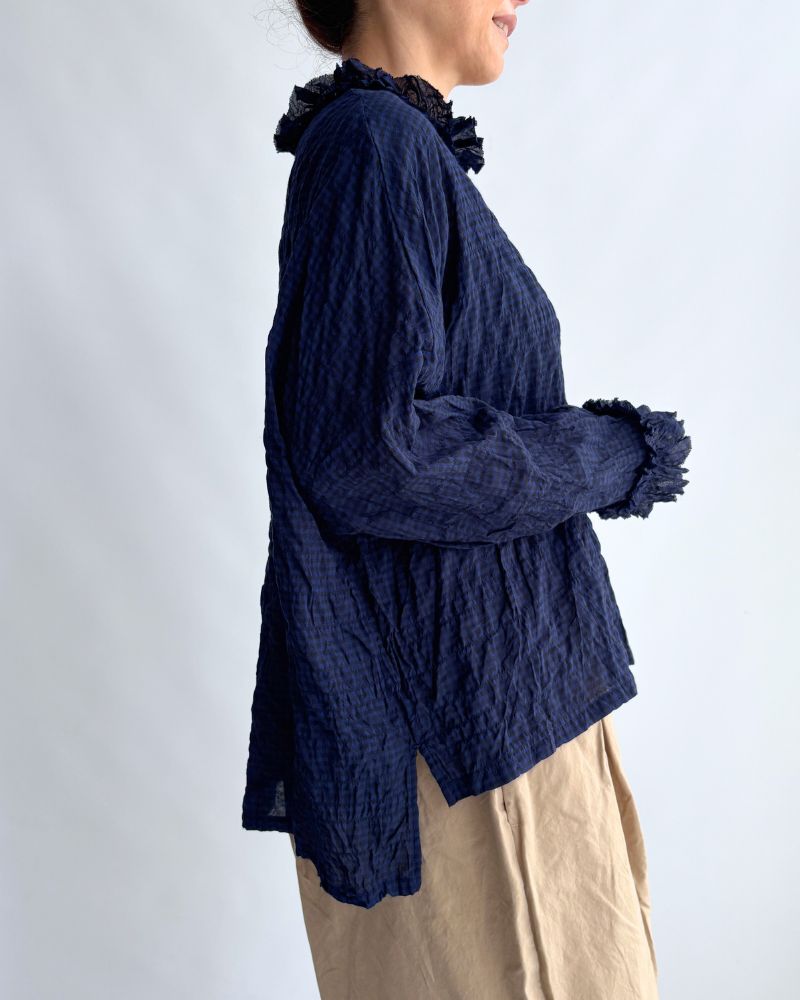 Check Neck Frill Box Pullover in NavyCheck