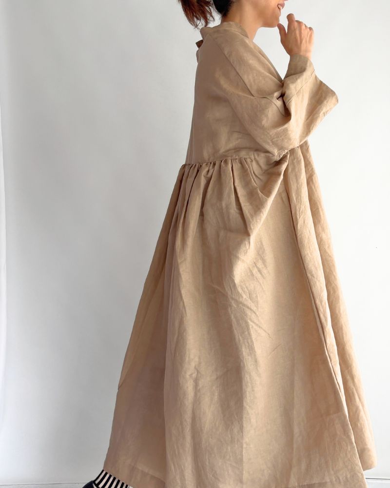 Linen cotton gathered dress in Beige