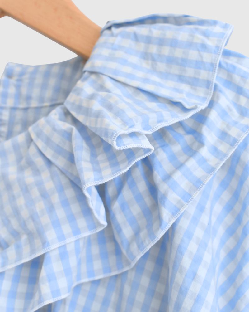 Tuck Frill Pullover in Sax/Ecru Check