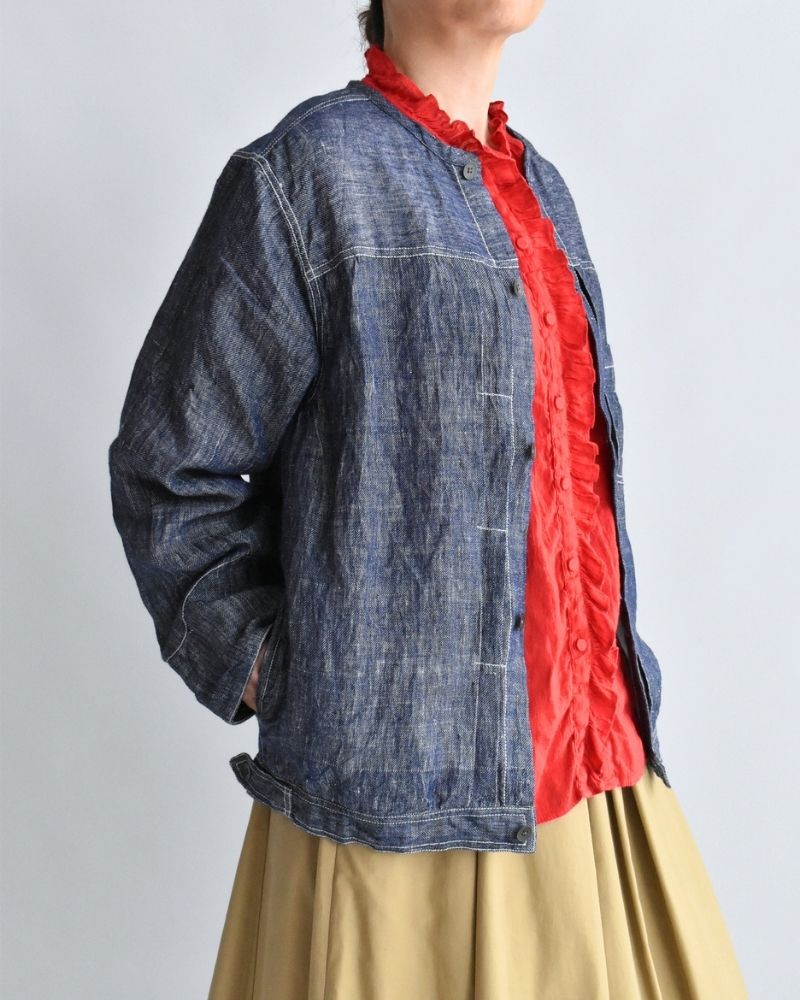 Handwoven Hemp Denim Collarless Jacket in Blue