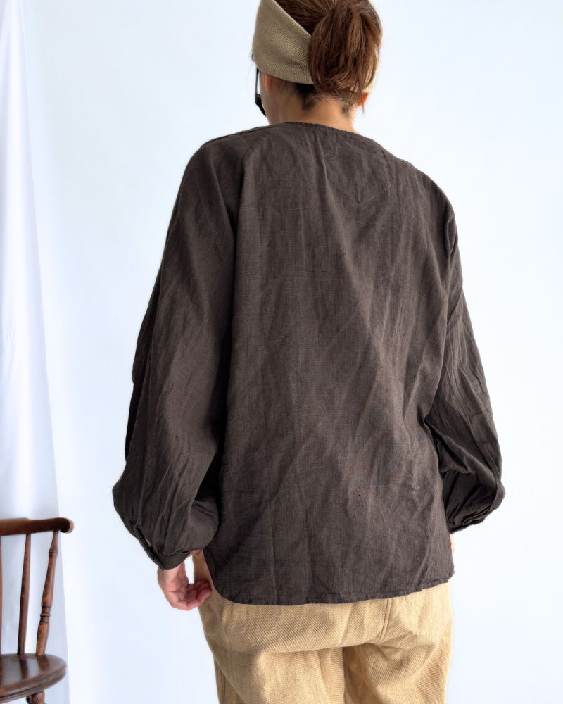 Hand Span Cotton Linen Ruffle Blouse in DarkBrown