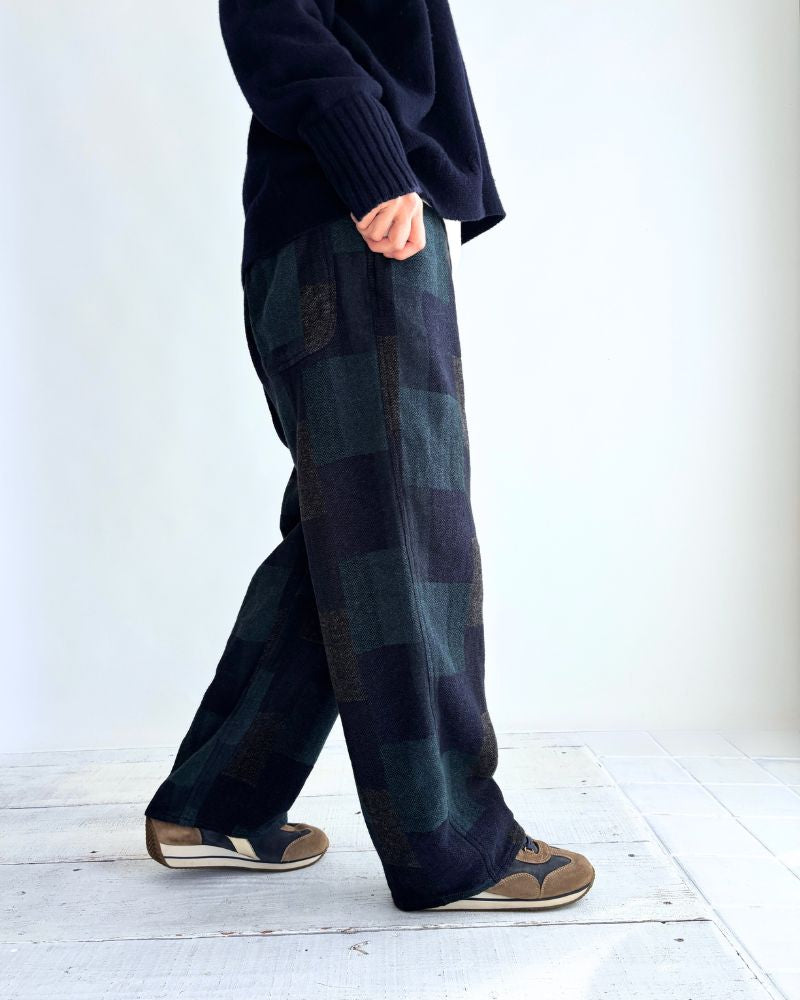 Patchwork Brushed Check Pants in Navy