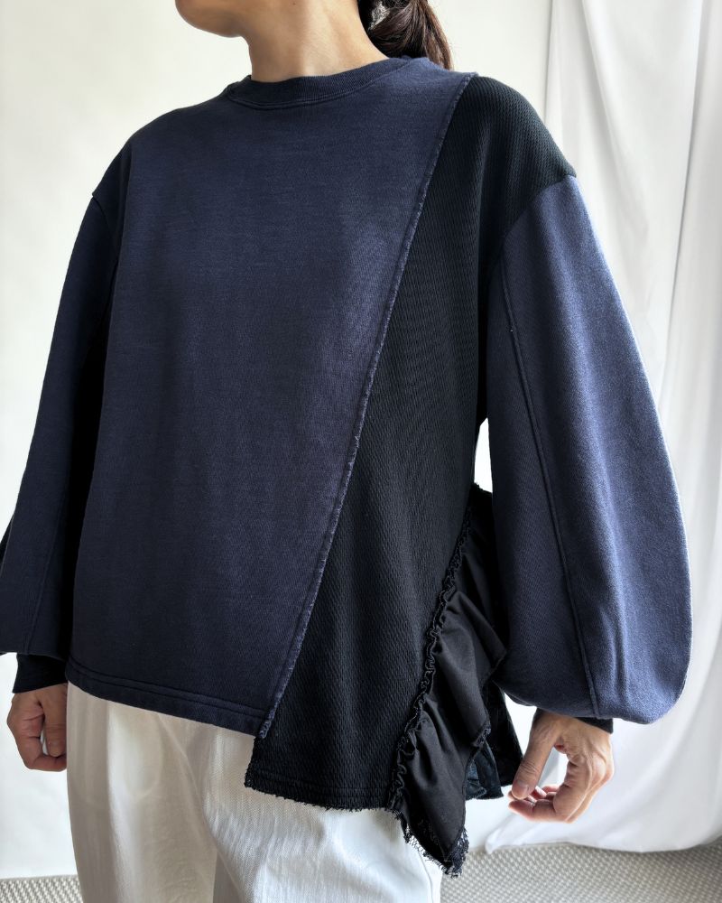 Assymetry Frill Sweat Shirt in Navy