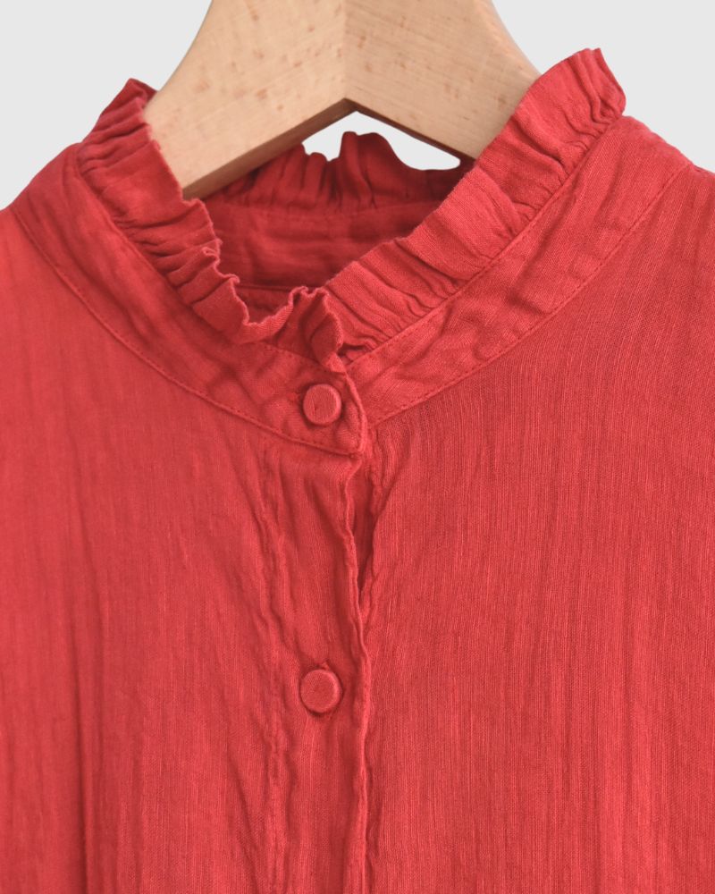 AUTO LOOM COTTON/LINEN PLAIN FRILL COLLAR MAXI SHIRT DRESS WITH MINI PINTUCK in Red