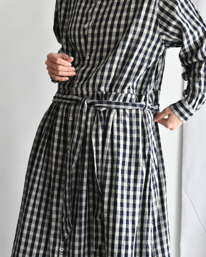 Linen Cotton Gingham Dress in Indigo/Natural