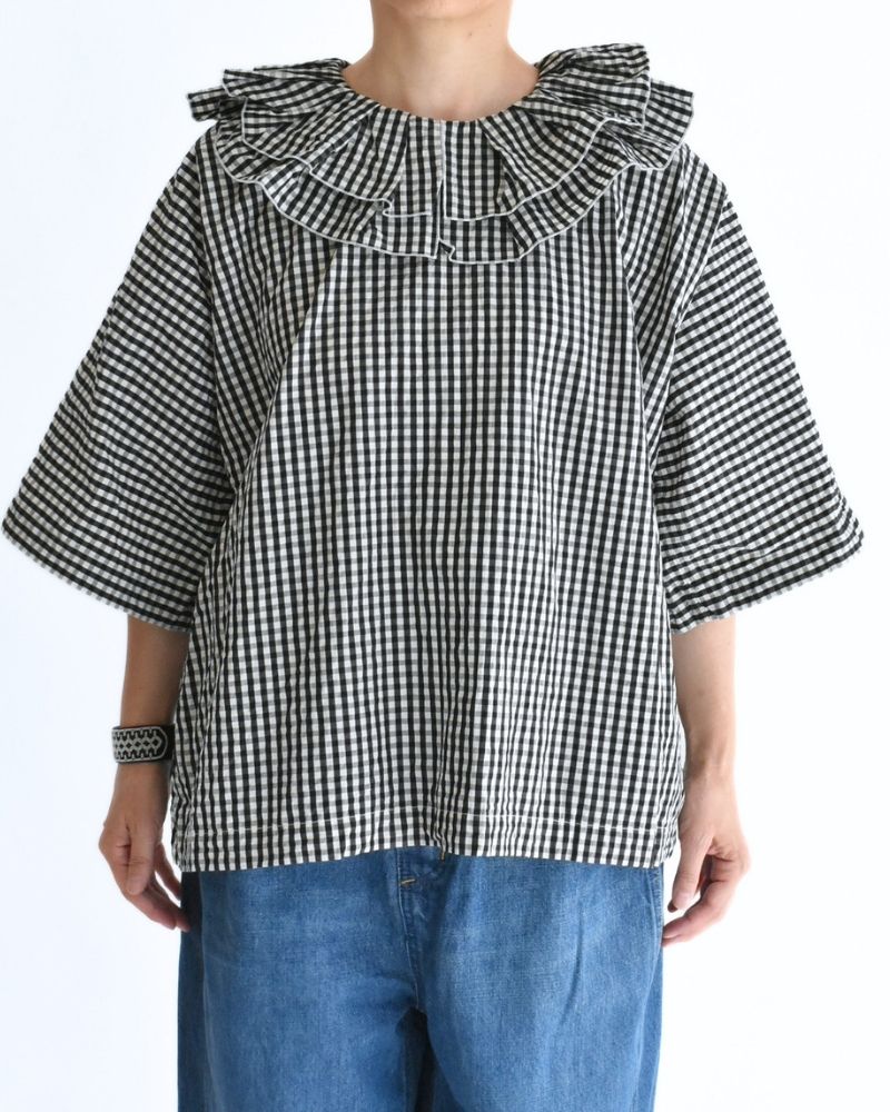 Tuck Frill Pullover in Black/Ecru Check