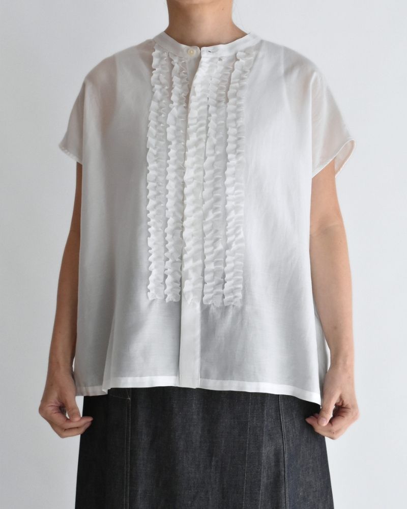 RAY-SILK French Sleeve Frill Blouse in White