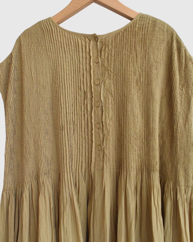 Crew-Neck F/SL Dress with Pintuck in GreyKhaki