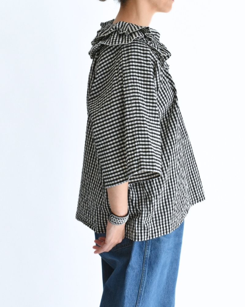 Tuck Frill Pullover in Black/Ecru Check