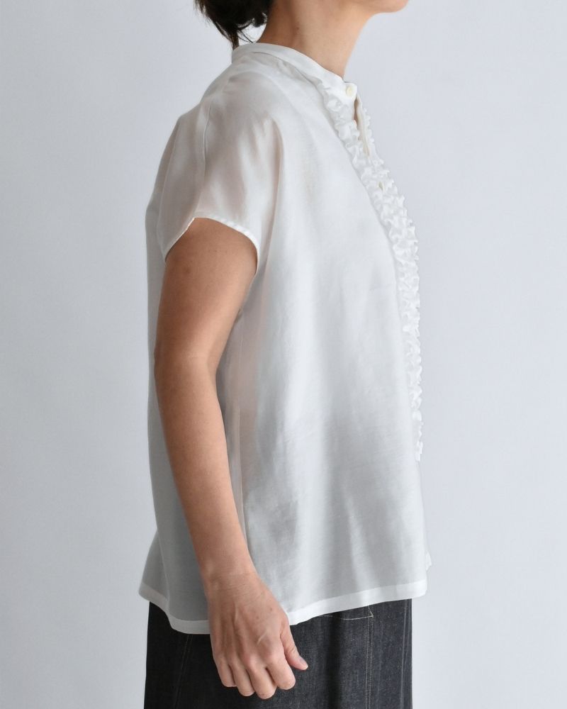 RAY-SILK French Sleeve Frill Blouse in White