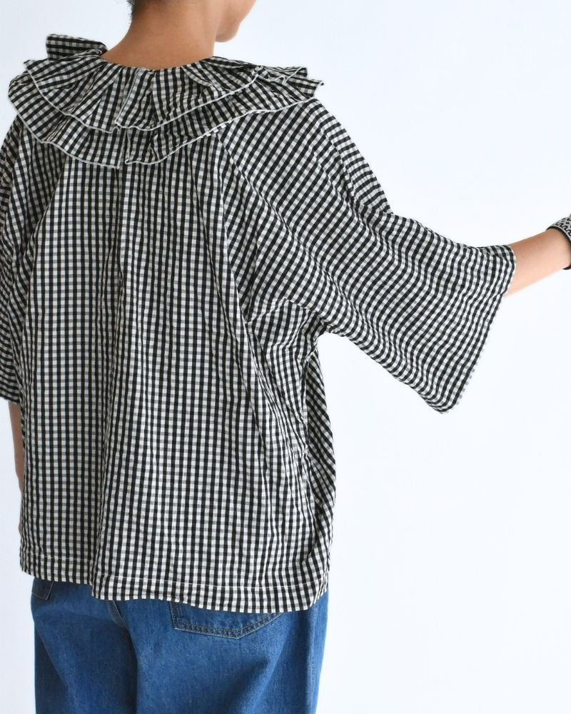 Tuck Frill Pullover in Black/Ecru Check