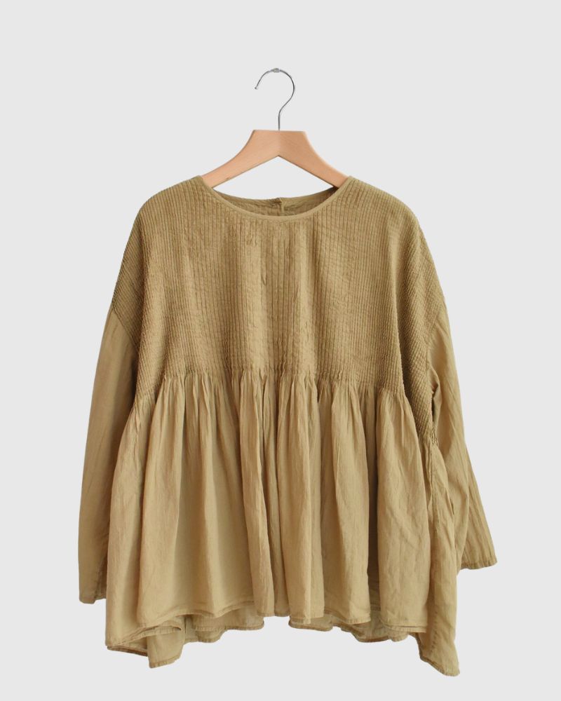 Crew-Neck 3/4 SL Shirt with Mini Pintuck in GreyKhaki