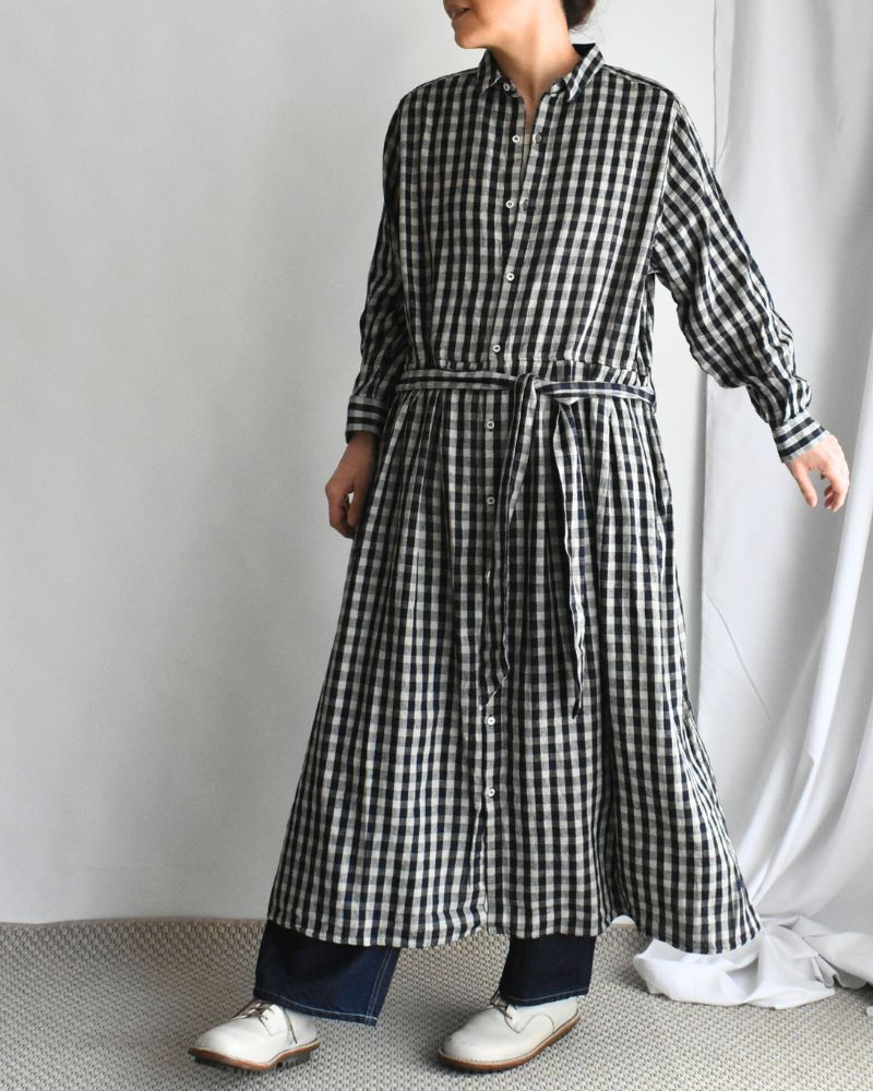 Linen Cotton Gingham Dress in Indigo/Natural