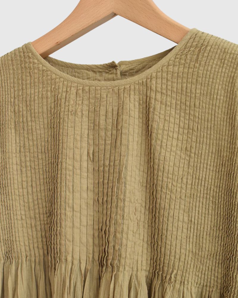 Crew-Neck 3/4 SL Shirt with Mini Pintuck in GreyKhaki