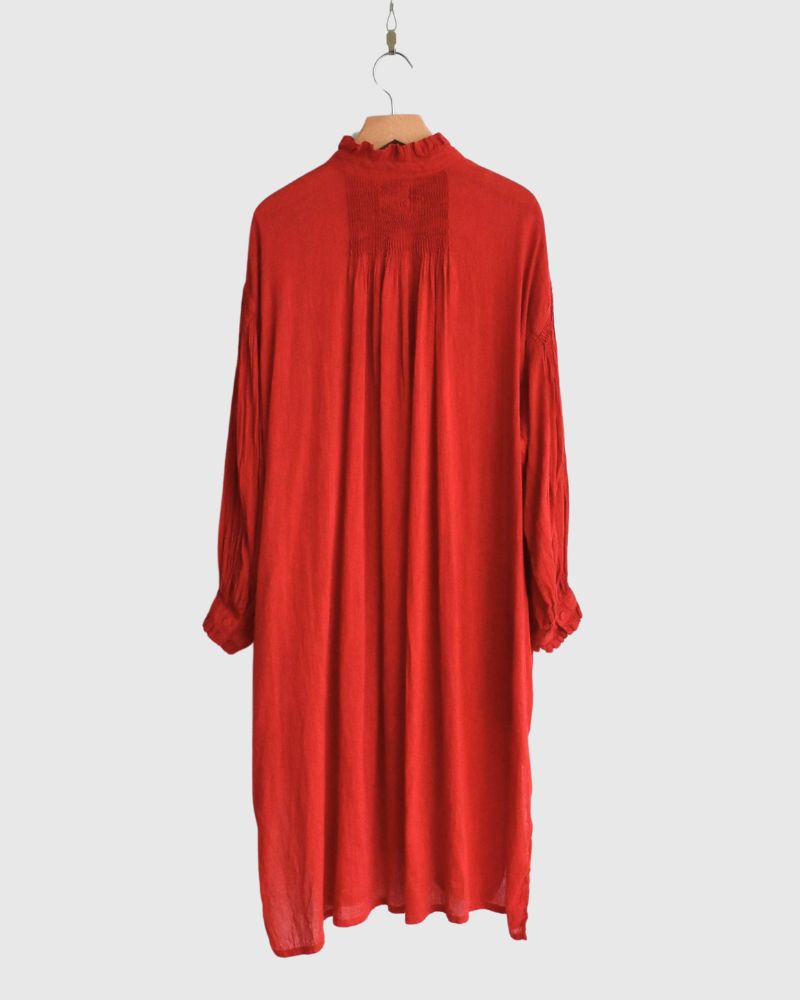 AUTO LOOM COTTON/LINEN PLAIN FRILL COLLAR MAXI SHIRT DRESS WITH MINI PINTUCK in Red