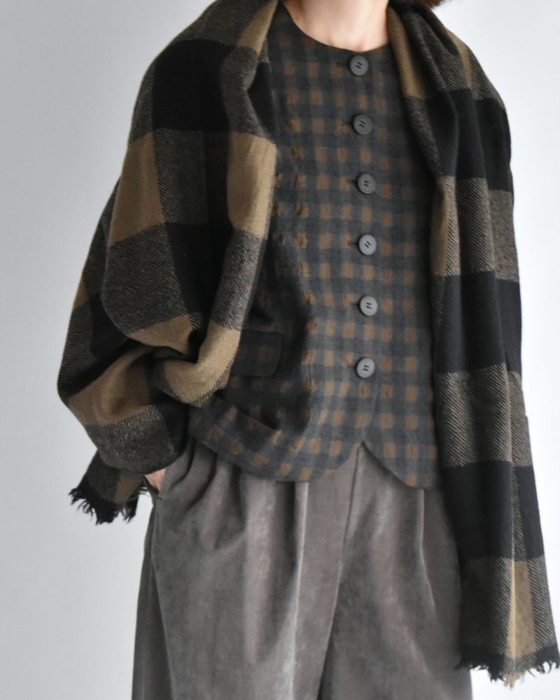Cotton Wool Gingham Check Jacket in Khaki/Charcoal