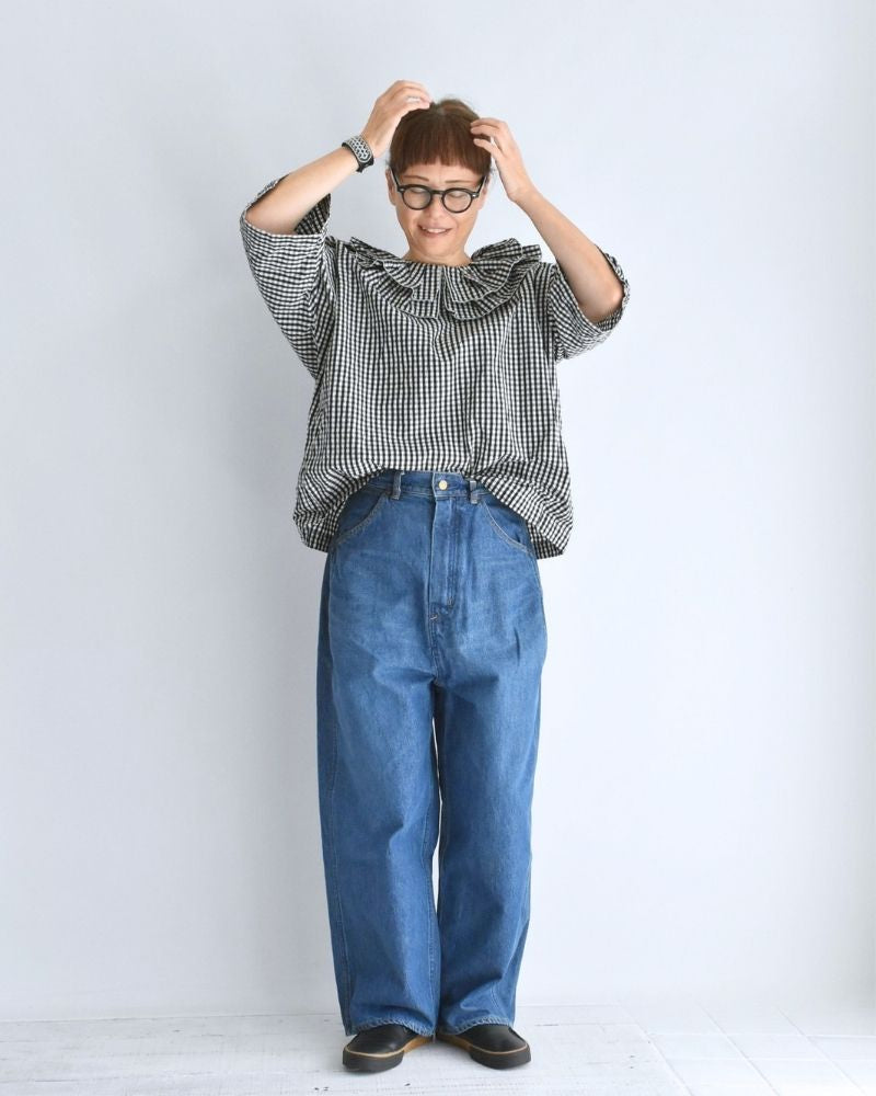 Tuck Frill Pullover in Black/Ecru Check