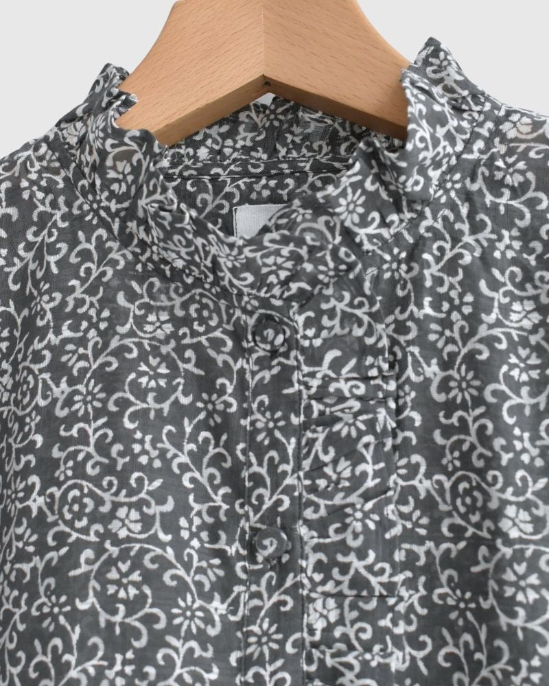 POWER LOOM COTTON DOBIE CHECK ARABESQUE SCREEN PRINT NO/SL FRILL COLLAR SHIRT in DarkGray
