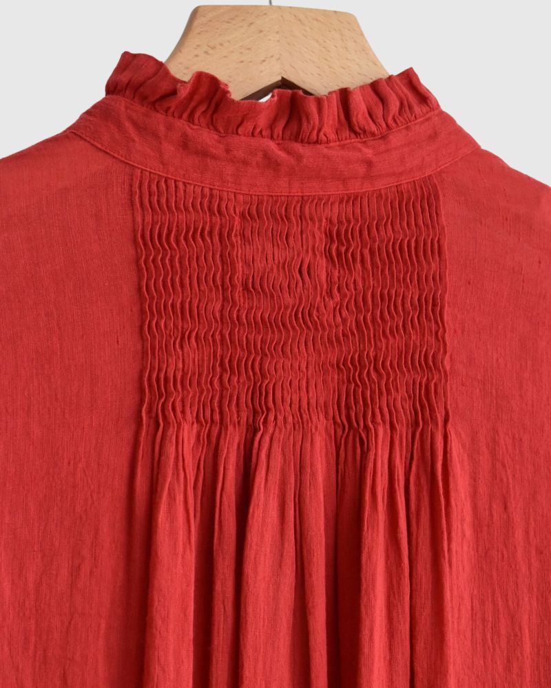 AUTO LOOM COTTON/LINEN PLAIN FRILL COLLAR MAXI SHIRT DRESS WITH MINI PINTUCK in Red