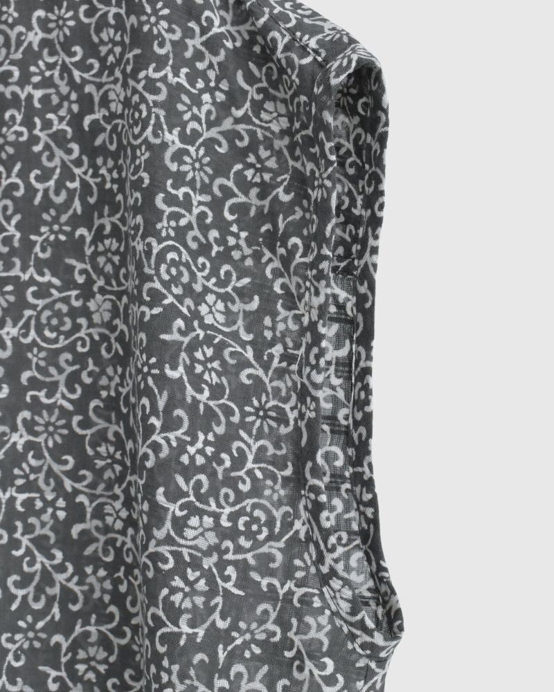 POWER LOOM COTTON DOBIE CHECK ARABESQUE SCREEN PRINT NO/SL FRILL COLLAR SHIRT in DarkGray
