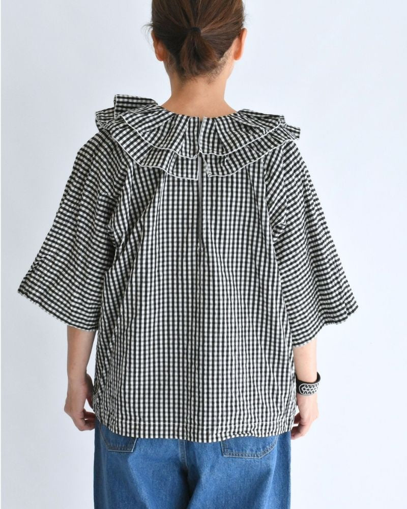 Tuck Frill Pullover in Black/Ecru Check