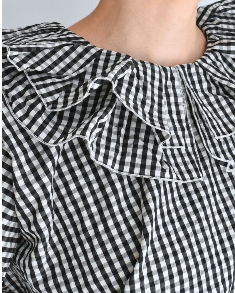 Tuck Frill Pullover in Black/Ecru Check
