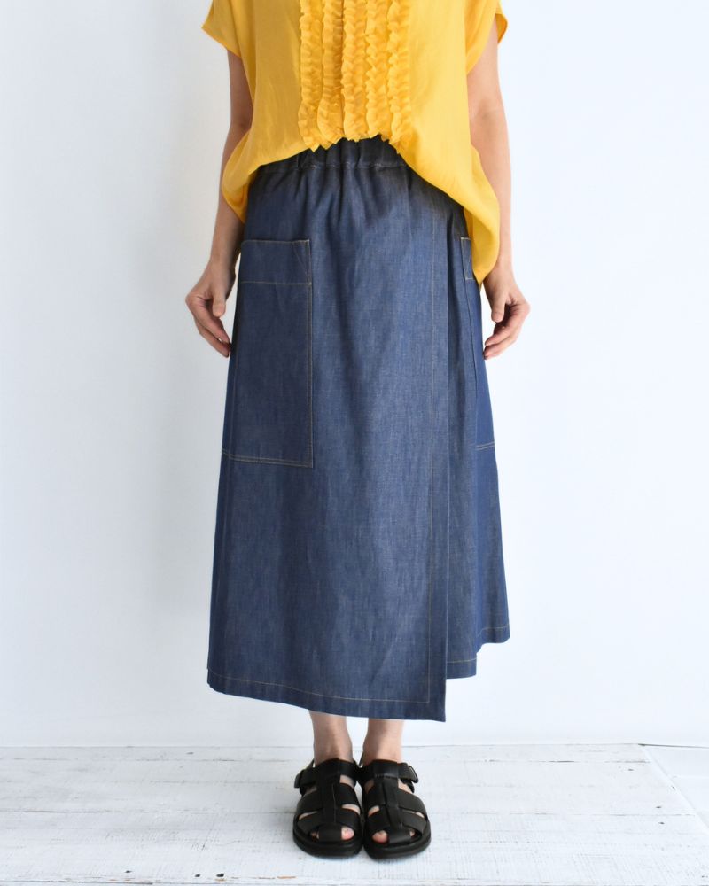 HEART-DENIM Asymmetrical Wrap Skirt in Blue