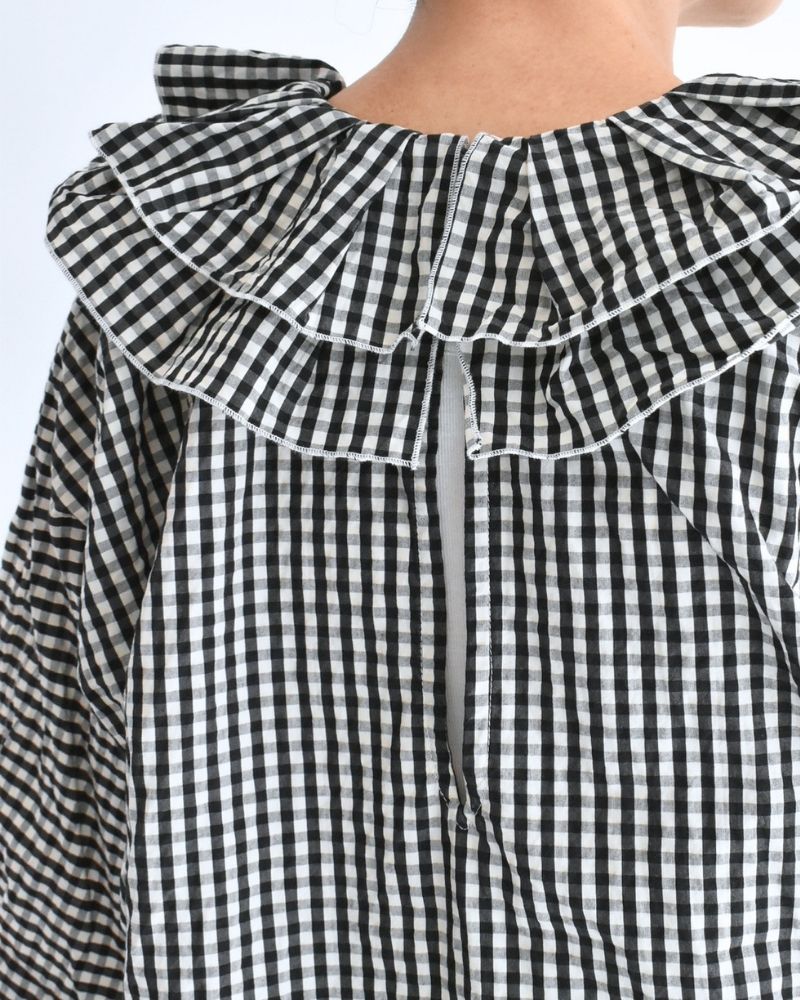 Tuck Frill Pullover in Black/Ecru Check