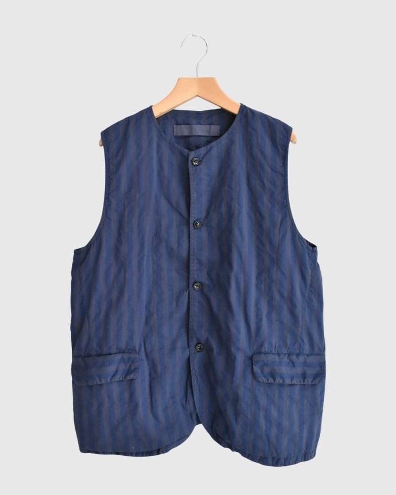 POPLIN WIDE STRIPE (OVERDYE) NO COLLAR VEST in PurpleNavy
