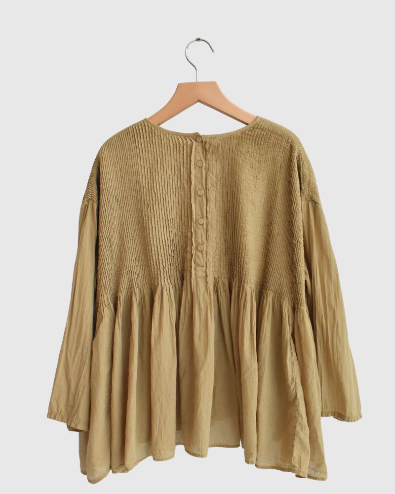 Crew-Neck 3/4 SL Shirt with Mini Pintuck in GreyKhaki