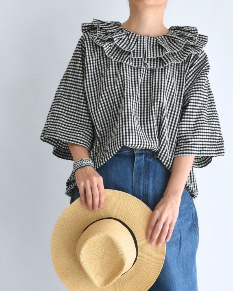 Tuck Frill Pullover in Black/Ecru Check