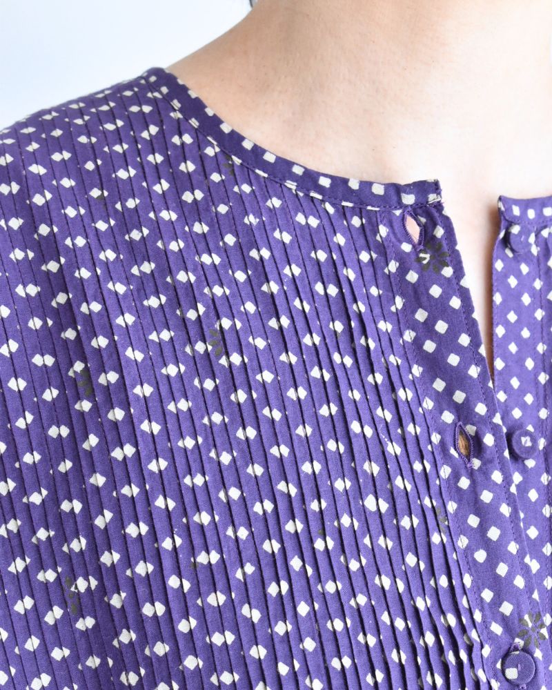 Crew Neck Button Shirts Dress with Mini Pintuck in Purple