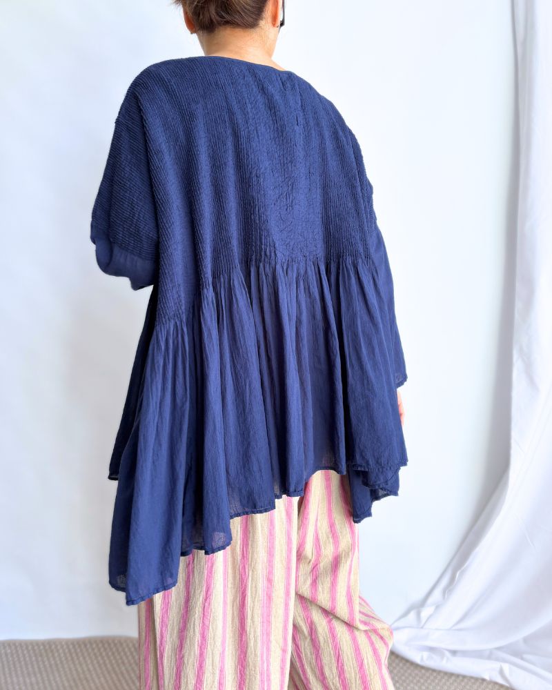 80s ORGANIC STRIPE(OVERDYE) MINI PINTUCK PULLOVER in Navy