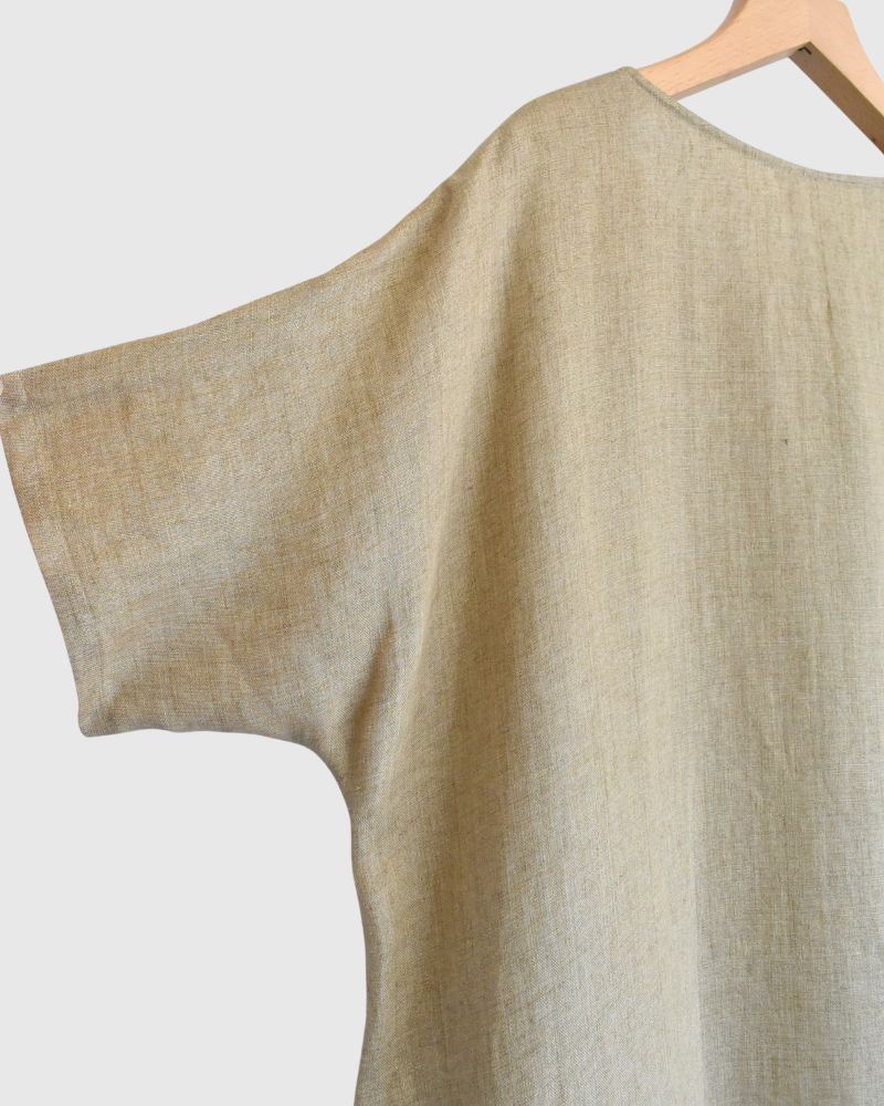 V-neck A-line dress (LINEN) in Beige