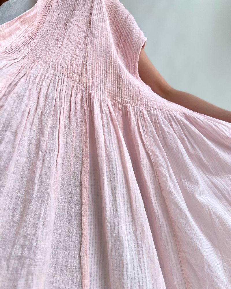 COTTON &LINEN PATCHWORK (OVERDYE) BANDED F/SL SHIRT DRESS WITH MINI PINTUCK in LightPink