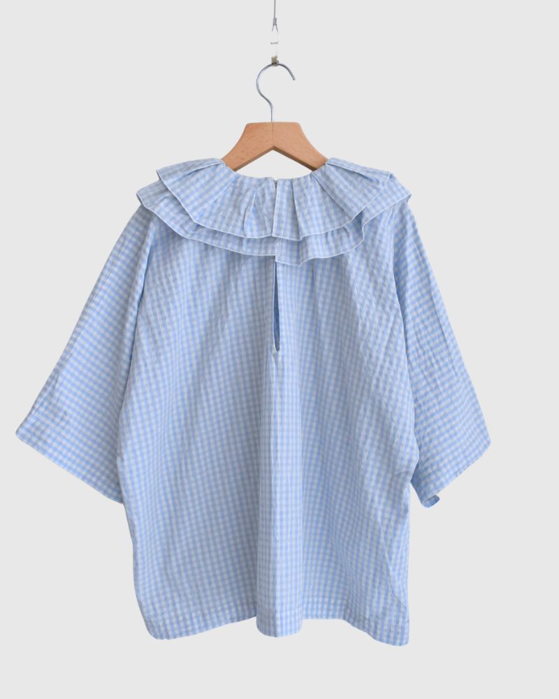 Tuck Frill Pullover in Sax/Ecru Check