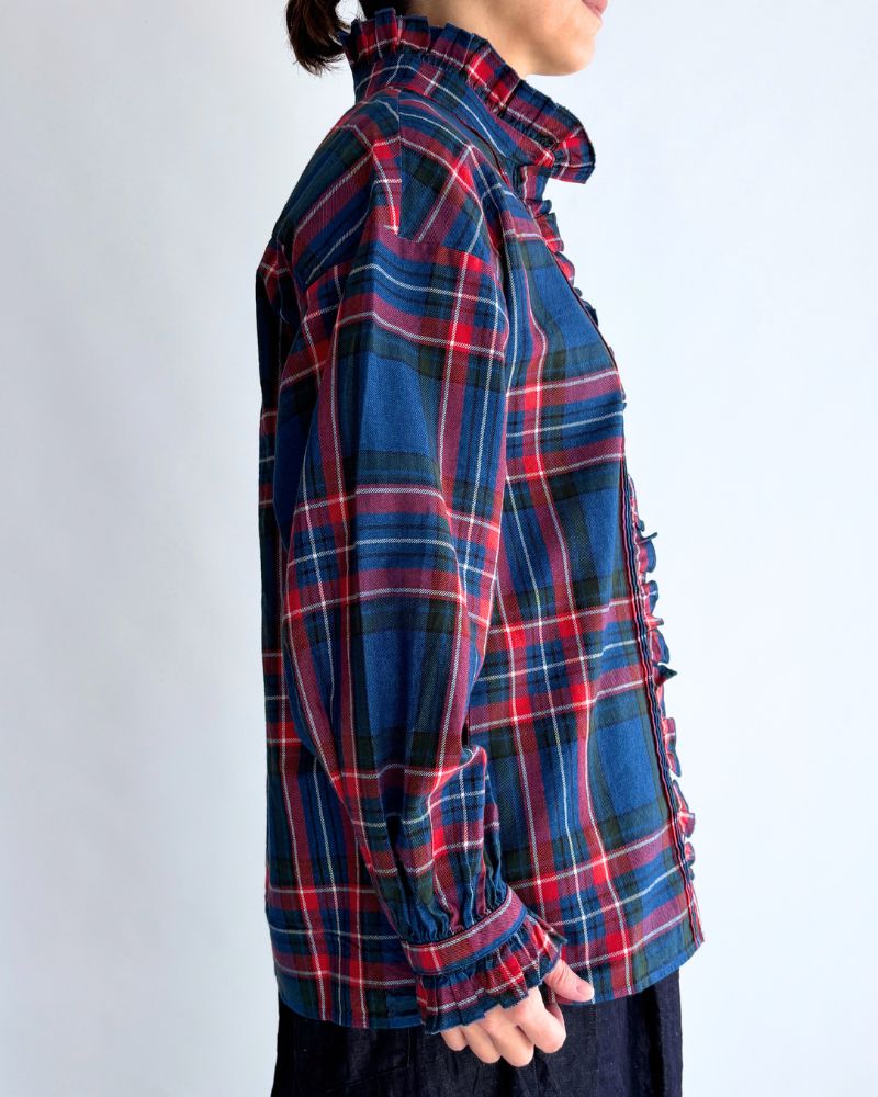 Indigo Tartan Frill Blouse in Blue