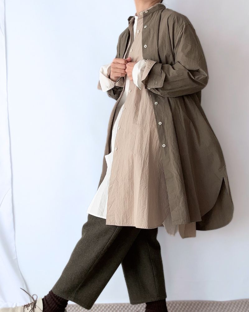 Band Collar Long Shirt in Beige