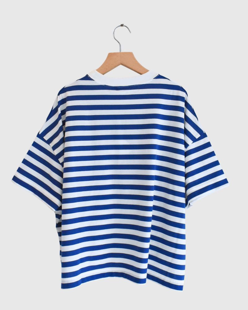 Crew-Neck Slit T-Shirt in Blue/White