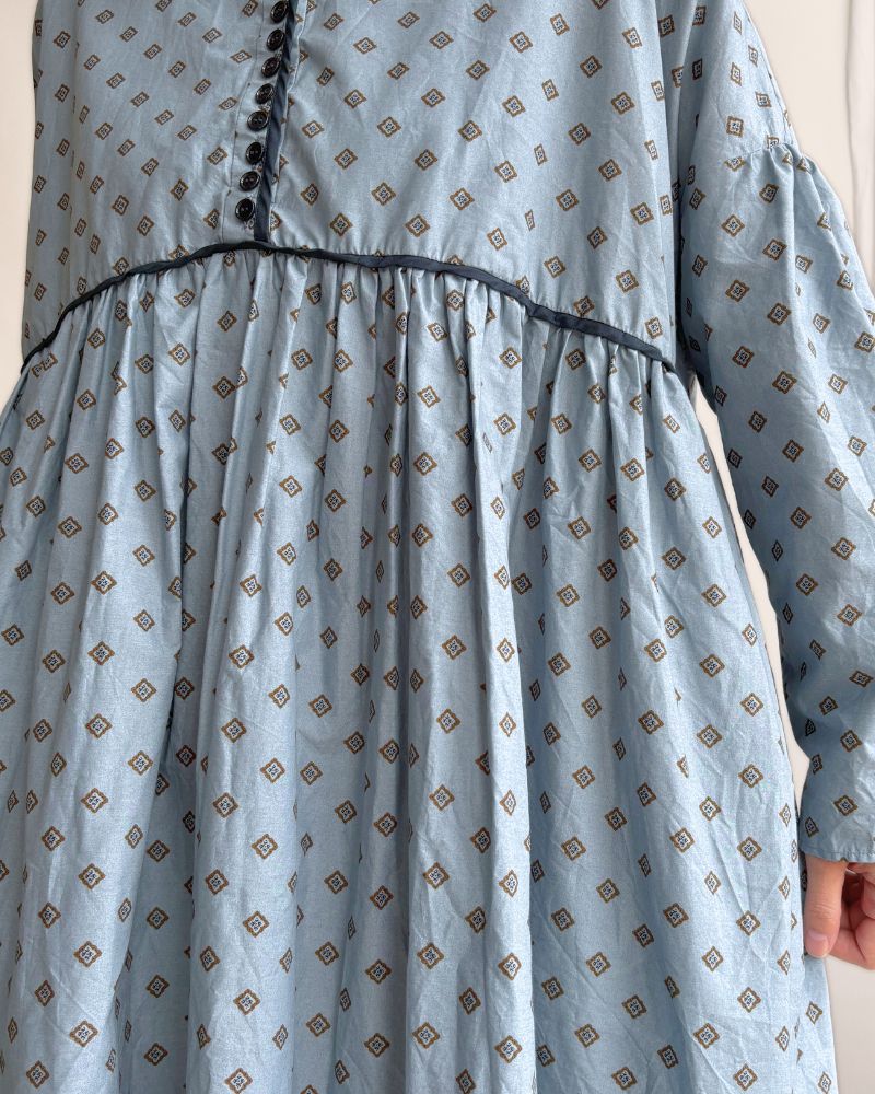 Print Trimmed Gathered Dress in Blue